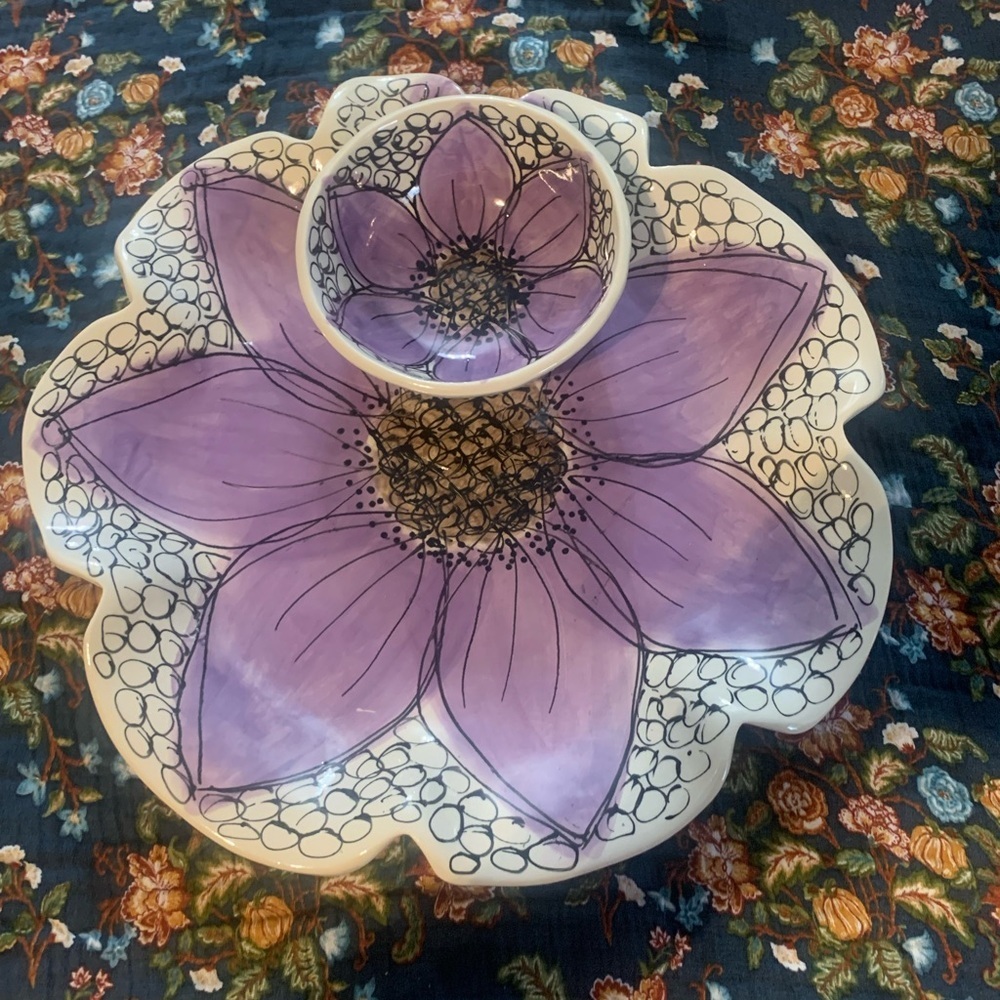 Purple and Cream Floral Ceramic Plate